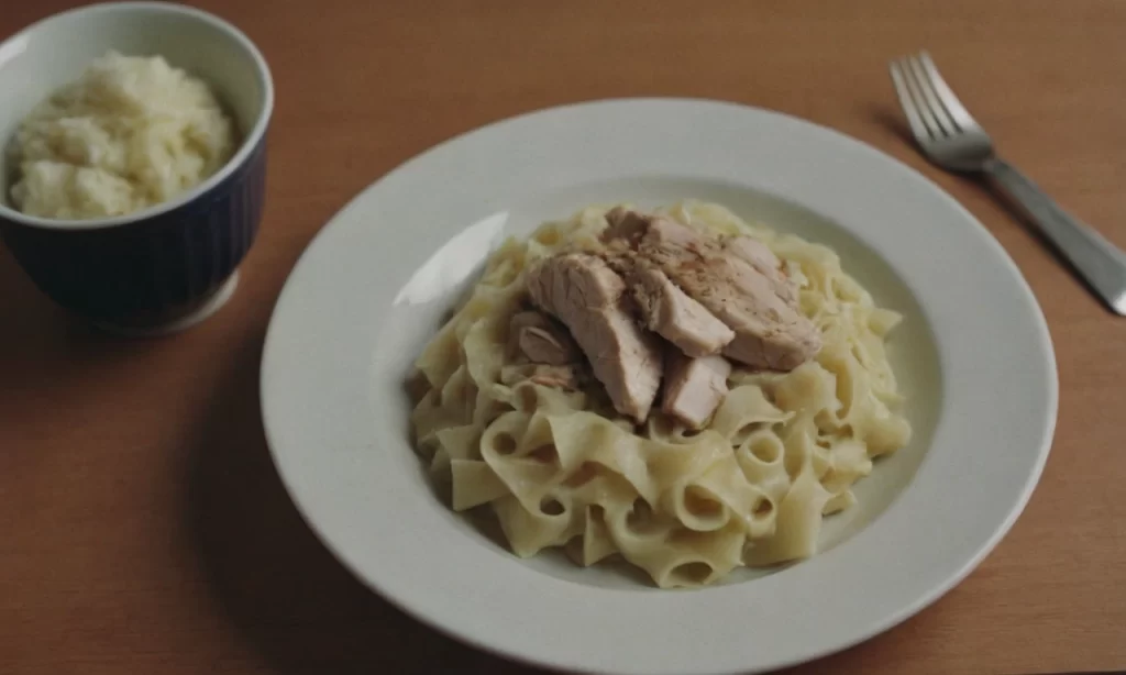 chicken and noodles over mashed potatoes