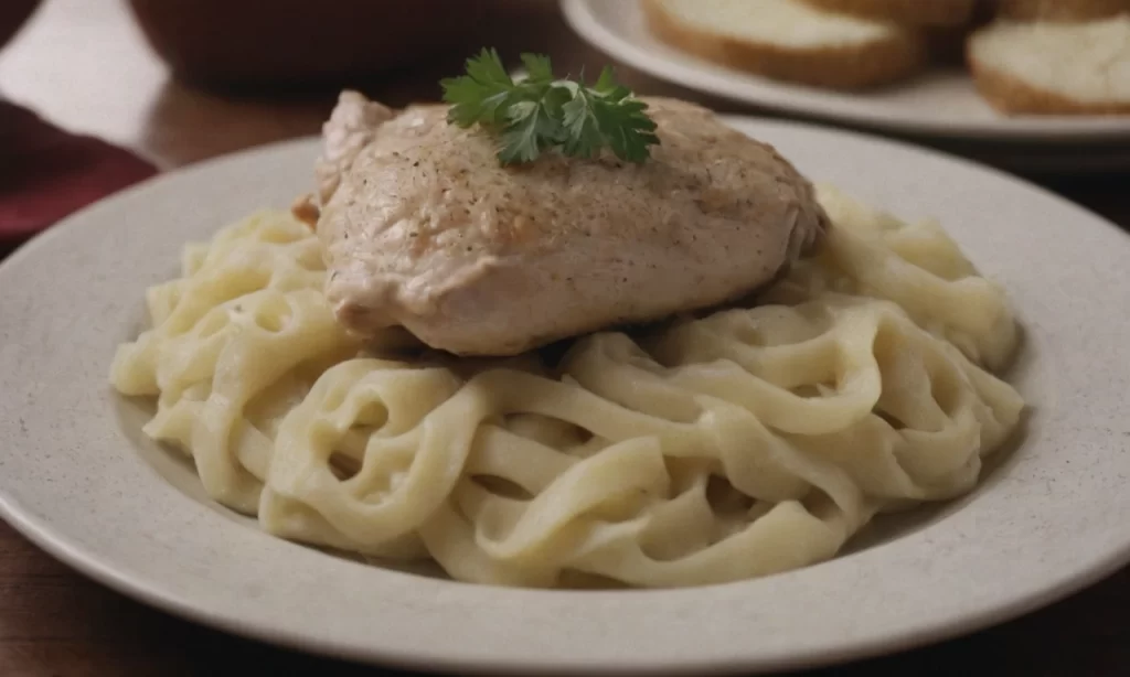 chicken and noodles over mashed potatoes